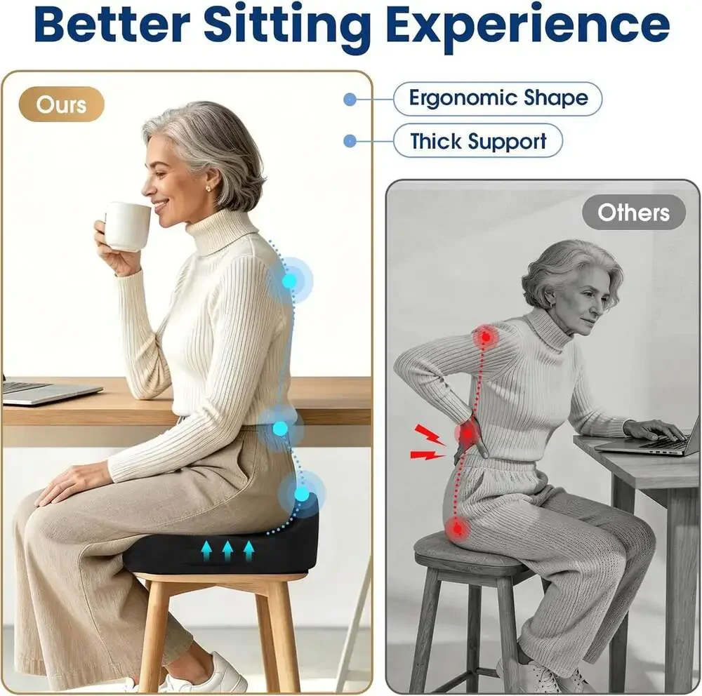 Ergonomic Seat Cushion for Office Chair Memory Foam Coccyx Pain Relief Non Slip